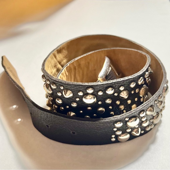 Calleen Cordero Leather Belt Silver Studded Wide Brass Buckle Y2K 32 Designer